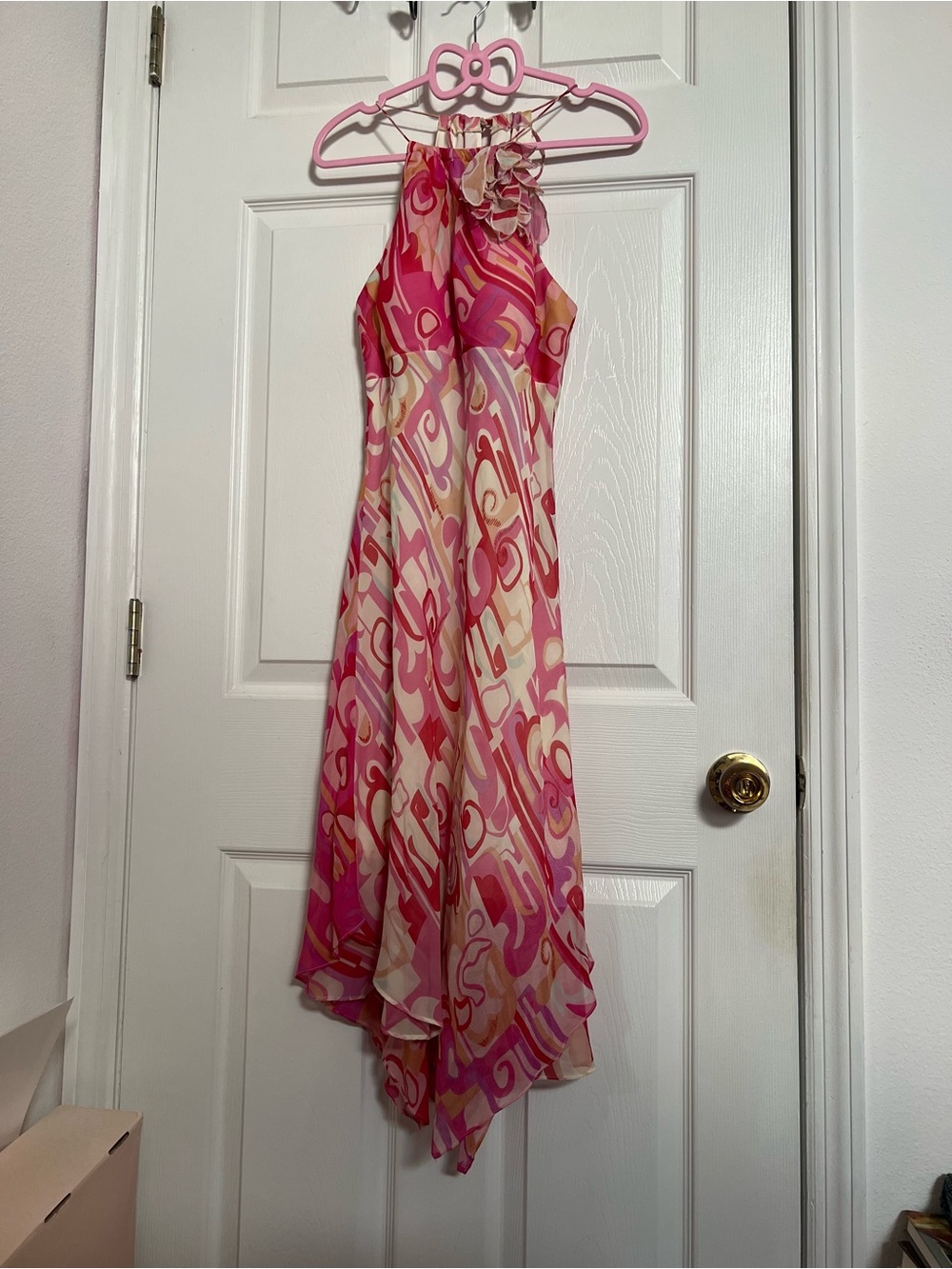 Y2K Whimsy Fairy Silk Sangria Pink and Cream Halter High-Low Dress with Ruffle